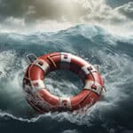 a life preserver with earth floating in a storm