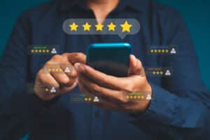 Customer service and satisfaction surveys concept Man using a s