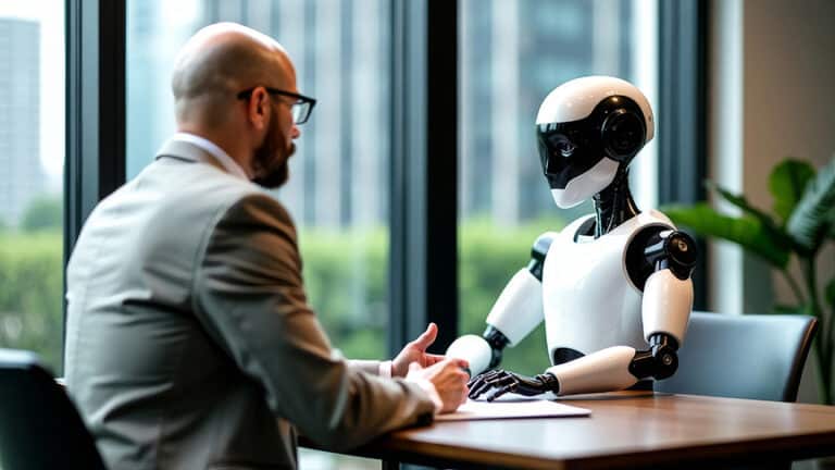 A businessman seated at a table in an office setting across from a shiny white and black android. Why Human Expertise Still Drives Successful Recruiting.