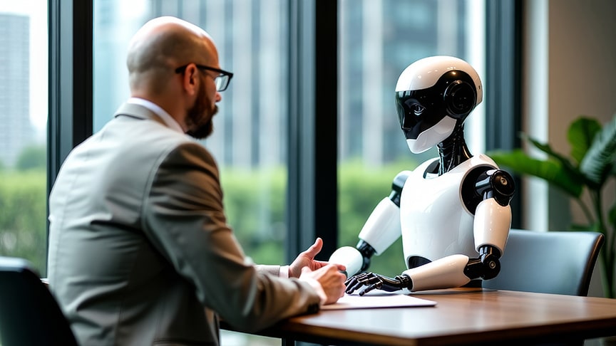 A businessman seated at a table in an office setting across from a shiny white and black android. Why Human Expertise Still Drives Successful Recruiting.