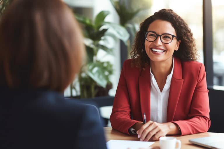 Middle aged professional business woman executive HR manager having job interview in corporate office meeting skills based hiring