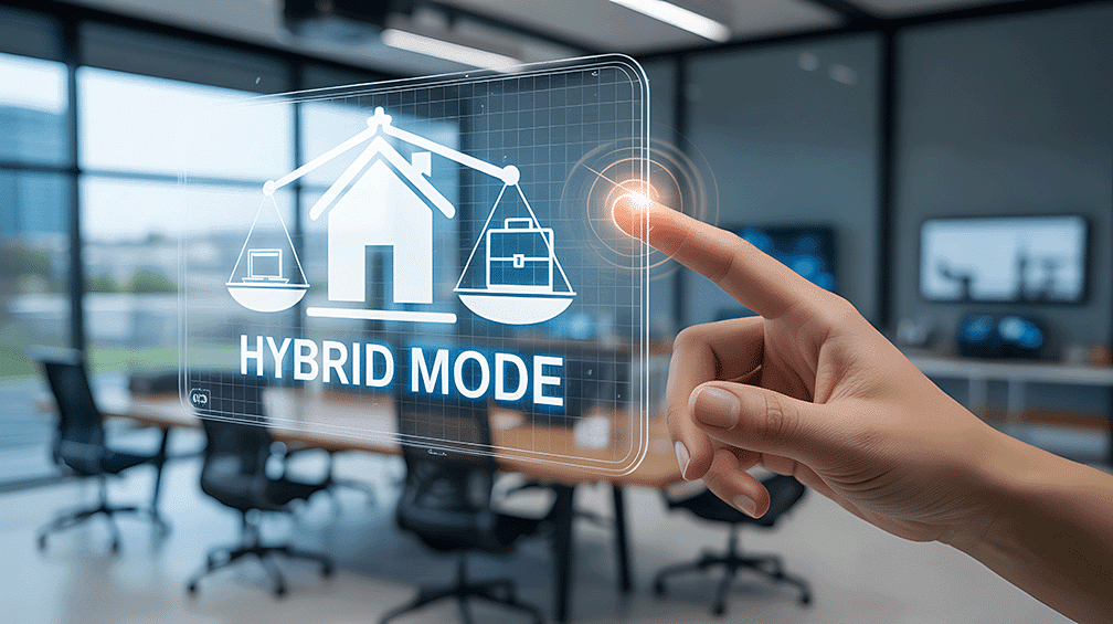 Hybrid mode business concept with digital office technology interface representing flexible work environment