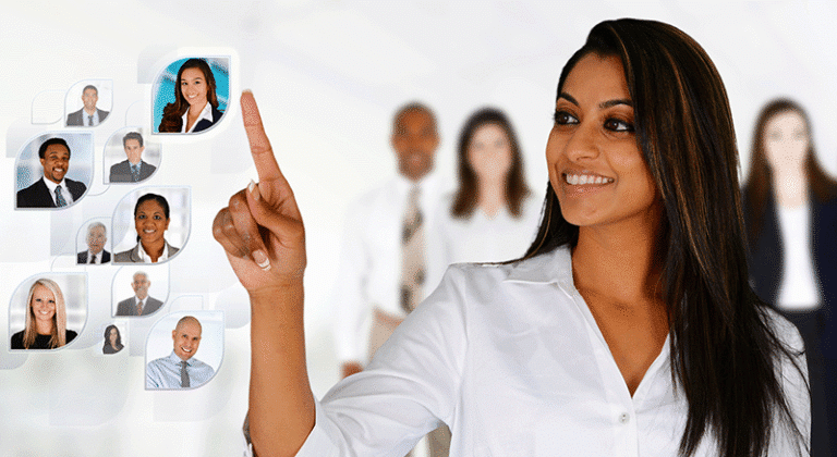 Business woman selecting job candidate from floating virtual interface Agile workforce strategies